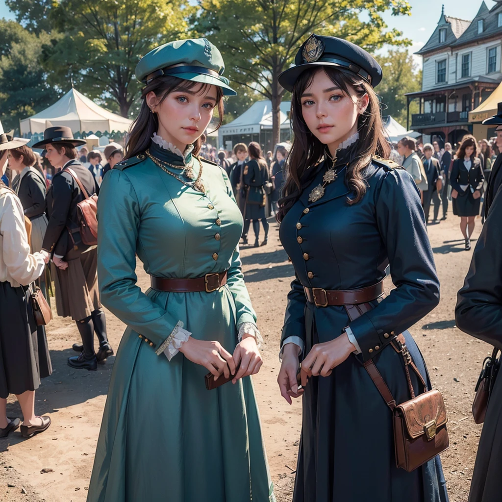 Two young police officer women in 1890s blue officers uniform dress standing in a countryside county fair, polce caps, badges, gun belts, detailed intricate victorian era dress, delicate and elegant hairstyle, beautiful detailed eyes, beautiful detailed lips, extremely detailed and realistic, (best quality,4k,8k,highres,masterpiece:1.2),ultra-detailed,(realistic,photorealistic,photo-realistic:1.37),vibrant colors,warm lighting,soft focus,highly detailed victorian era scene,country fair atmosphere,bustling crowds,ferris wheel,colorful tents,detailed wooden structures,lush green trees