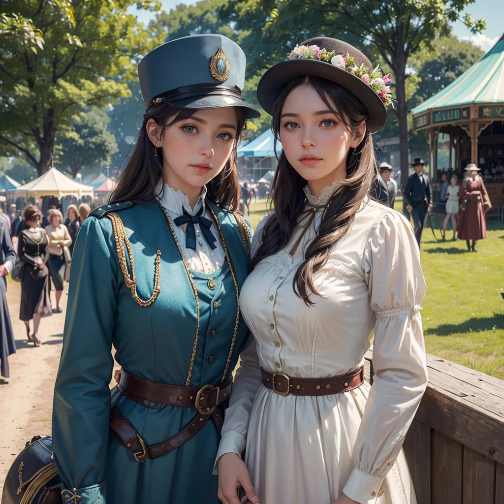 Two young police officer women in 1890s blue officers uniform dress standing in a countryside county fair, polce caps, badges, gun belts, detailed intricate victorian era dress, delicate and elegant hairstyle, beautiful detailed eyes, beautiful detailed lips, extremely detailed and realistic, (best quality,4k,8k,highres,masterpiece:1.2),ultra-detailed,(realistic,photorealistic,photo-realistic:1.37),vibrant colors,warm lighting,soft focus,highly detailed victorian era scene,country fair atmosphere,bustling crowds,ferris wheel,colorful tents,detailed wooden structures,lush green trees