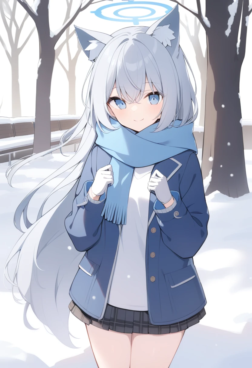 girl,Silver long hair, blue eyes, Wearing a blue hooded jacket,戴着Blue hood,A sky blue scarf, A white T-shirt, White gloves, And black plaid skirt, Standing in the park,Smile, blue halo,Blue hood,戴着Blue hood,Gray wolf ears,cold winter