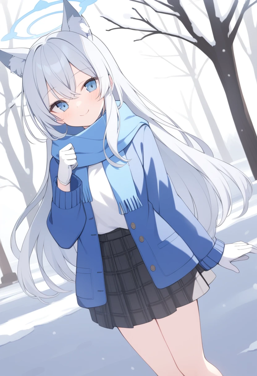girl,Silver long hair, blue eyes, Wearing a blue hooded jacket,戴着Blue hood,A sky blue scarf, A white T-shirt, White gloves, And black plaid skirt, Standing in the park,Smile, blue halo,Blue hood,戴着Blue hood,Gray wolf ears,cold winter