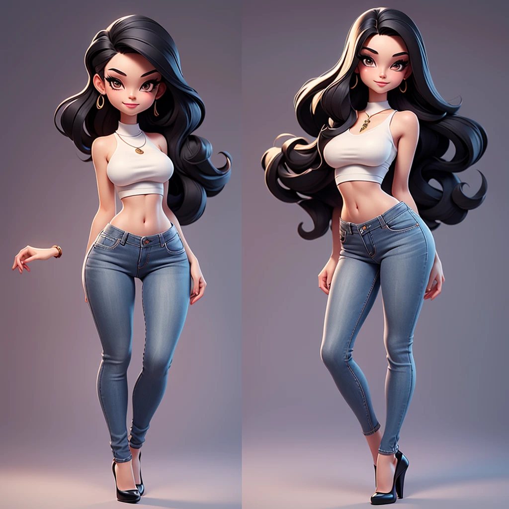 A sexy cartonn woman in jeans and white crop top posing gracefully for a photo, beauty in jeans, long straight black hair, Waist slender, sexy girl, mulher de corpo inteiro, wearing jeans, beautiful seductive woman, slender figure, cartoon vector style, corpo pin-up, Broad Hips