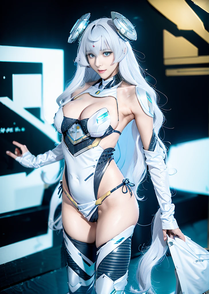 Super Detail, High Detail, high quality, best quality, High resolution,1 female robot,Beautiful female robot,beautiful clear face(Rain waves_haneame:1.5), Realistic, High resolution, Soft Light,Hips up, (Detailed face), silver hair, long hair, Mecha Maiden, Colorful mechanical parts, mechanical joint, Thick mechanical armor,Weaponry, All metal body, Technology Antenna Hair Accessories