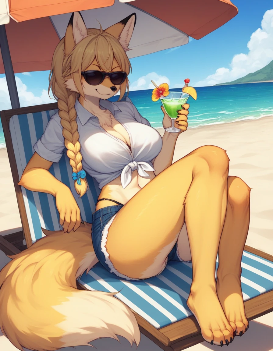 Solo, Score_9, score_8_up, score_7_up, source_cartoon, kemono style, An Anthro furry fox girl, yellow furry body, yellow fox tail , black nose, blonde hair, braided hair, wearing blue daisy dukes, a tied white shirt, visible thong, sunglasses covering eyes, smirking, outdoors, sunny day, looking away, majestic, at the beach, sitting on a chair under an umbrella, in front of a food stand, legs crossed, barefoot, 4 toes, holding a margarita, d