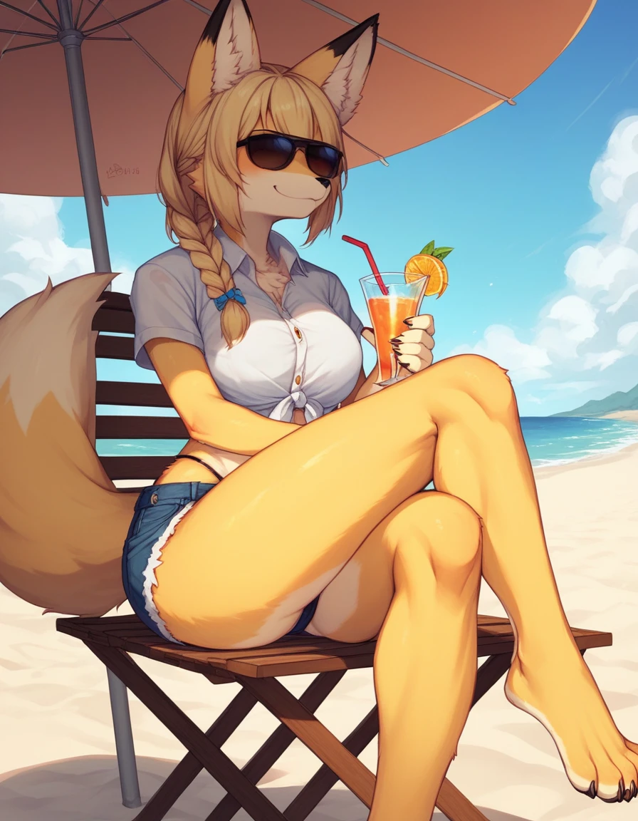 Solo, Score_9, score_8_up, score_7_up, source_cartoon, kemono style, An Anthro furry fox girl, yellow furry body, yellow fox tail , black nose, blonde hair, braided hair, wearing blue daisy dukes, a tied white shirt, visible thong, sunglasses covering eyes, smirking, outdoors, sunny day, looking away, majestic, at the beach, sitting on a chair under an umbrella, in front of a food stand, legs crossed, barefoot, 4 toes, holding a margarita, d