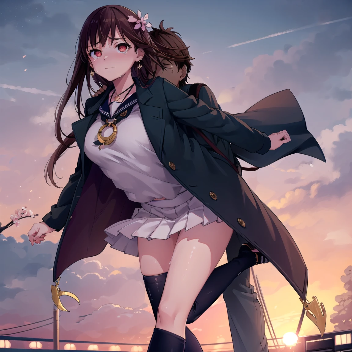 1girl, boyriding, a (boy) is riding a girl, (coat), reins, collar, carrying, piggyback, outdoors, evening, night, alley, (((masterpiece))),bestquality, full body, standing, (red eyes), (plum blossom shaped eyes), (beautifuldetailedeyes),cute face, aqua eyes, looking at viewer,expressionless eyes, crying with eyes open, tears,sad, frown, closed mouth, navy blue serafuku, pleated_skirt, white thighhighs, uwabaki, earrings, necklace, dusk, sunset, sky, cityscape, landscape, beautiful detailed sky, 1boy, smile, brown hair, crimson eyes
