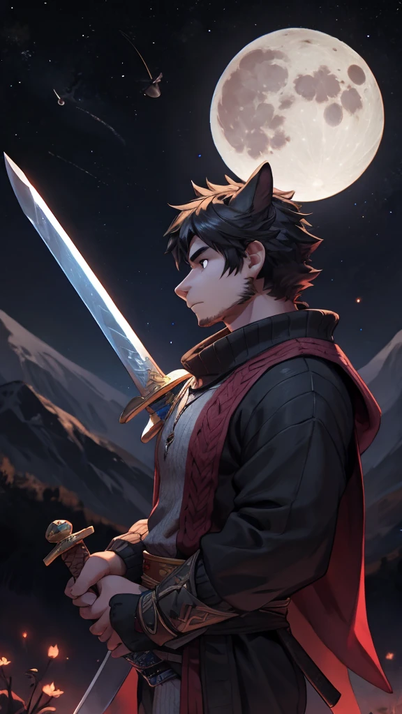 Black-haired man, A sword, sweater, A sword, Second-rate, night, planet, moon, Profile