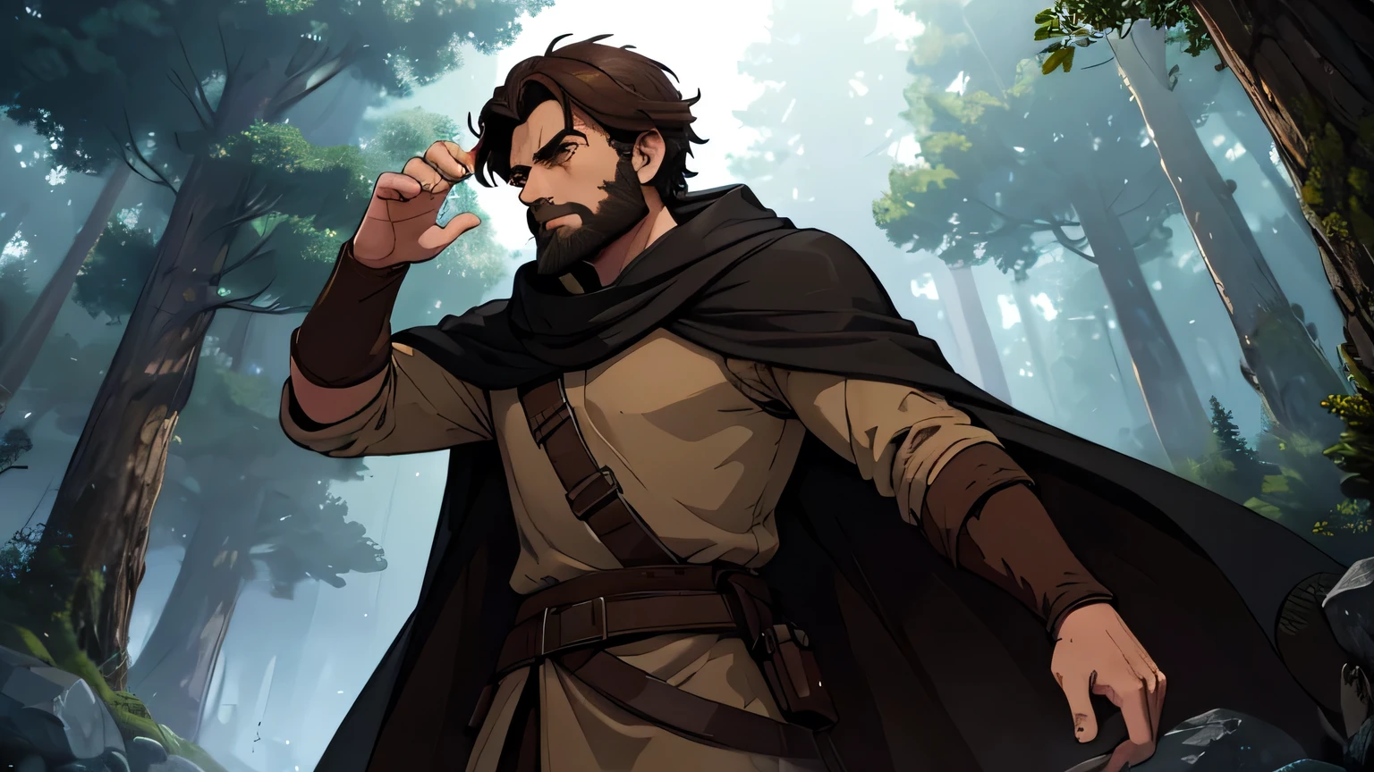 Worried-faced man with dark brown beard, long dark brown hair, light yellow-brown eyes and dark brown and light brown tunic from the 4th century BC. C., with a light brown cloak, about 50 years old, throwing brown rock with his hand, in a dark and mysterious forest at night, movement scene in the forest, changing lighting, hyperrealistic, cinematic lighting,