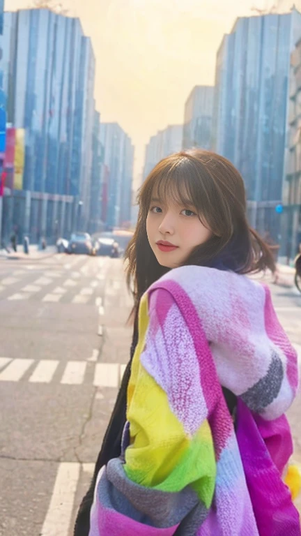 1girl walking down a busy city street, looking back over her shoulder. The background features a bustling urban environment with colorful street art on the walls