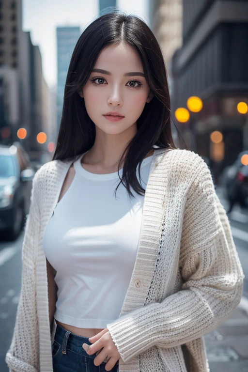 Beautiful girl with realistic black eyes, pale skin, Long black hair, perfect face, perfect eyes, ((Wearing a knit cardigan over a white T-shirt)),very detailed, comprehensive movie, digital painting, 8K, cinematic lighting, highest quality, High resolution, Great job!, Post-processing, perfect result, surreal，(((revealing clothes)))，big breasts，The background is a city, selfie, Take a picture of the whole body