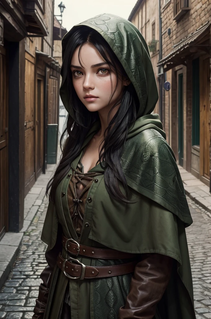 ((best quality)), ((masterpiece)), (detailed), ((normal anatomy)), beautiful eye detail, perfect face, high detail, charismatic, full body, realistic, cinematic lighting, defined body, super detail, high realism, medieval fantasy setting, a pretty young girl in street urchin clothes, dirty soot covered face, large green nictating eyes with vertical pupils, long black hair under a brown hood, standing outdoors in a medieval city, hint of green snake scales at her jawline