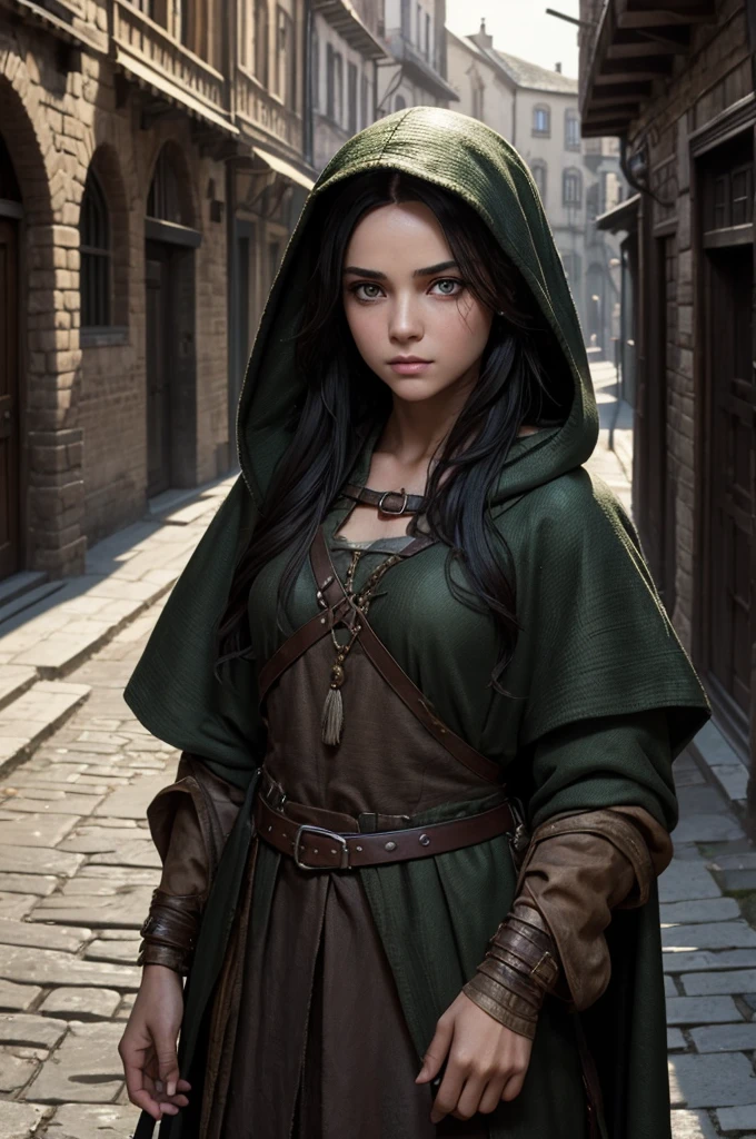 ((best quality)), ((masterpiece)), (detailed), ((normal anatomy)), beautiful eye detail, perfect face, high detail, charismatic, full body, realistic, cinematic lighting, defined body, super detail, high realism, medieval fantasy setting, a pretty young girl in street urchin clothes, dirty soot covered face, large green nictating eyes with vertical pupils, long black hair under a brown hood, standing outdoors in a medieval city, hint of green snake scales at her jawline