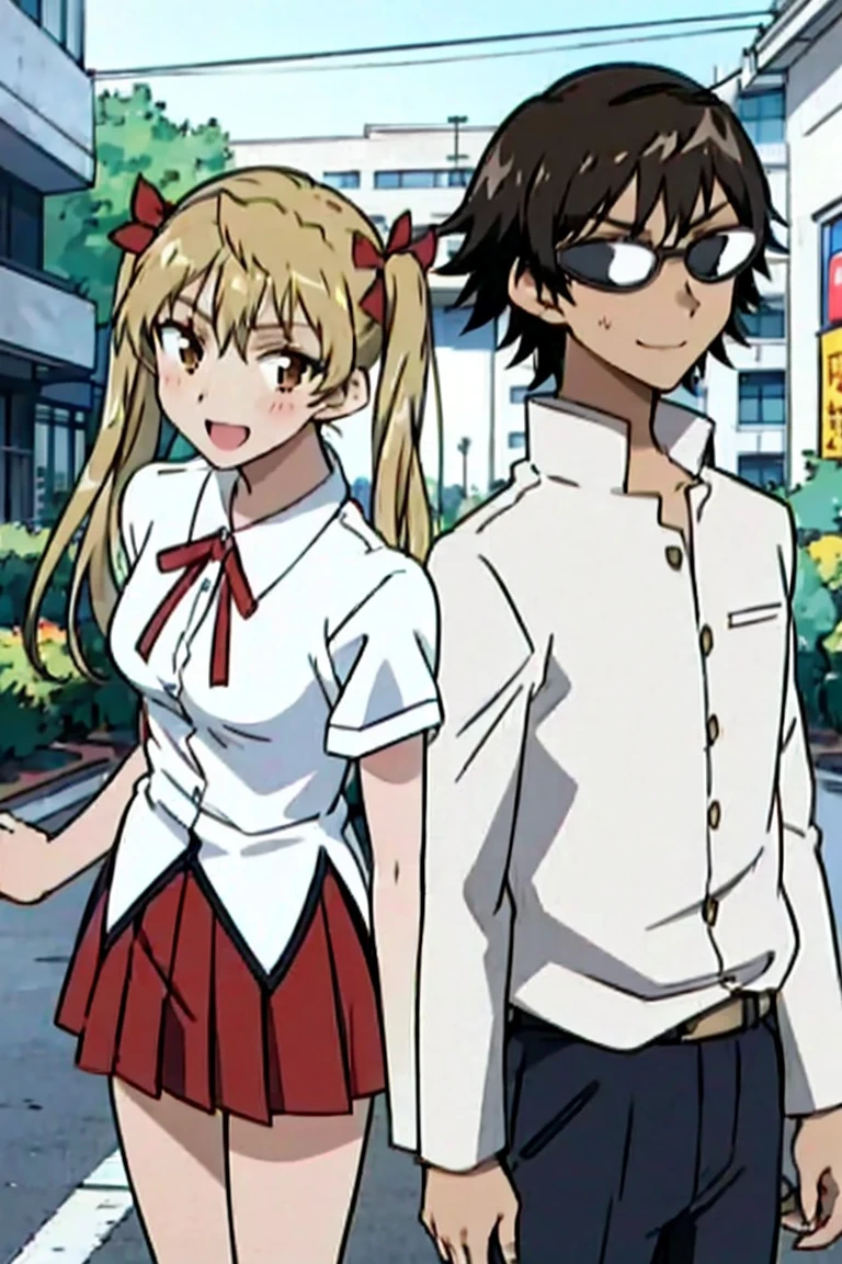 1 boy and 1 girl stand in the street,sawachika eri, brown eyes,twintails, hair ribbon,harimakenji, glasses, ,school uniform, red pleated skirt,eri,hairband, looking_at_viewer, serious, gakuran, white_shirt,smile,happy,two persons
