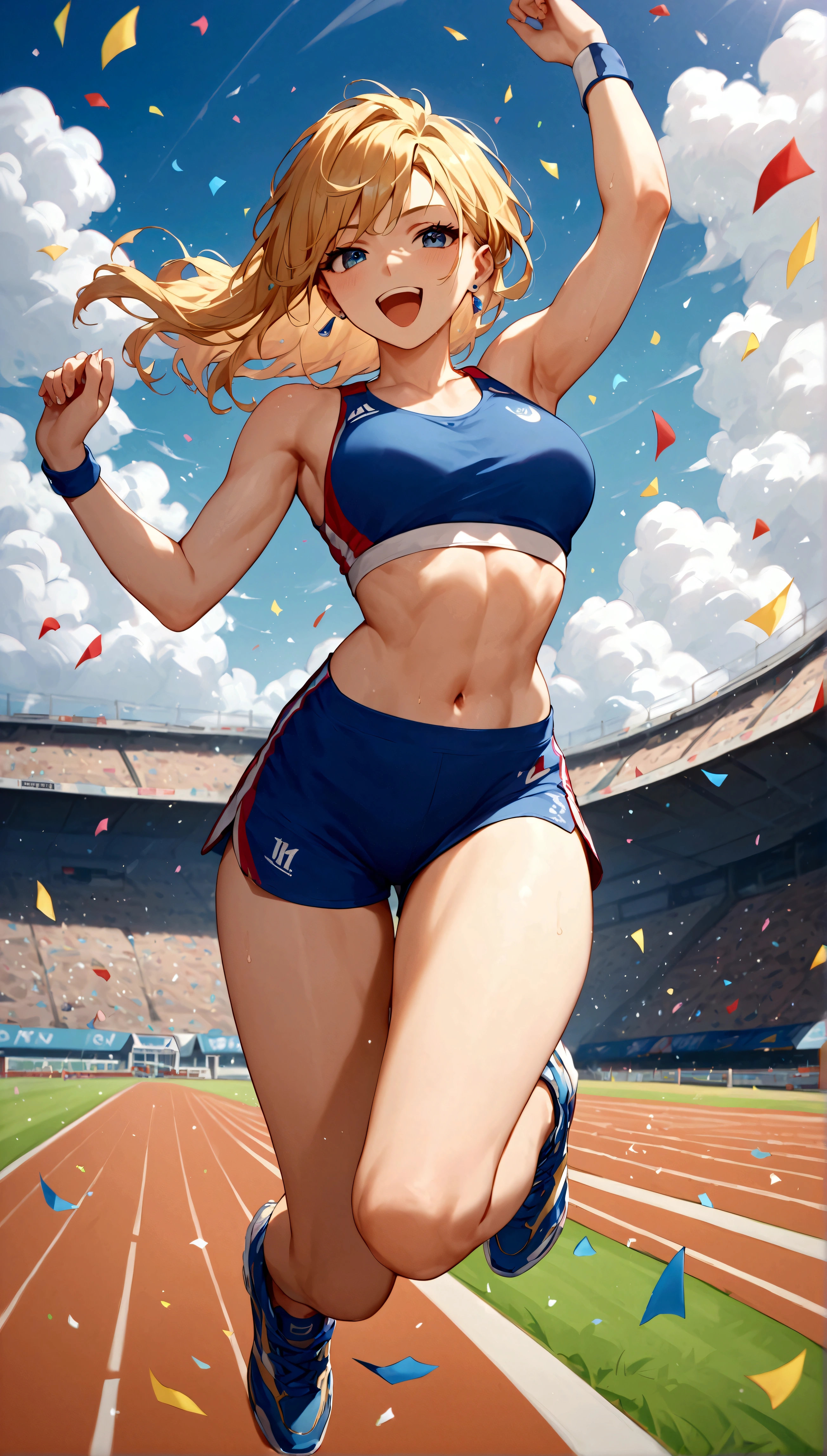 score_9, score_8_up, score_7_up, score_6_up, anime style, masterpiece, highly detailed, centered, 1girl, Athlete breaking a world record, track and field, surrounded by a cheering crowd. Style:  Iconic moment, confetti raining down, elation, Expressiveh