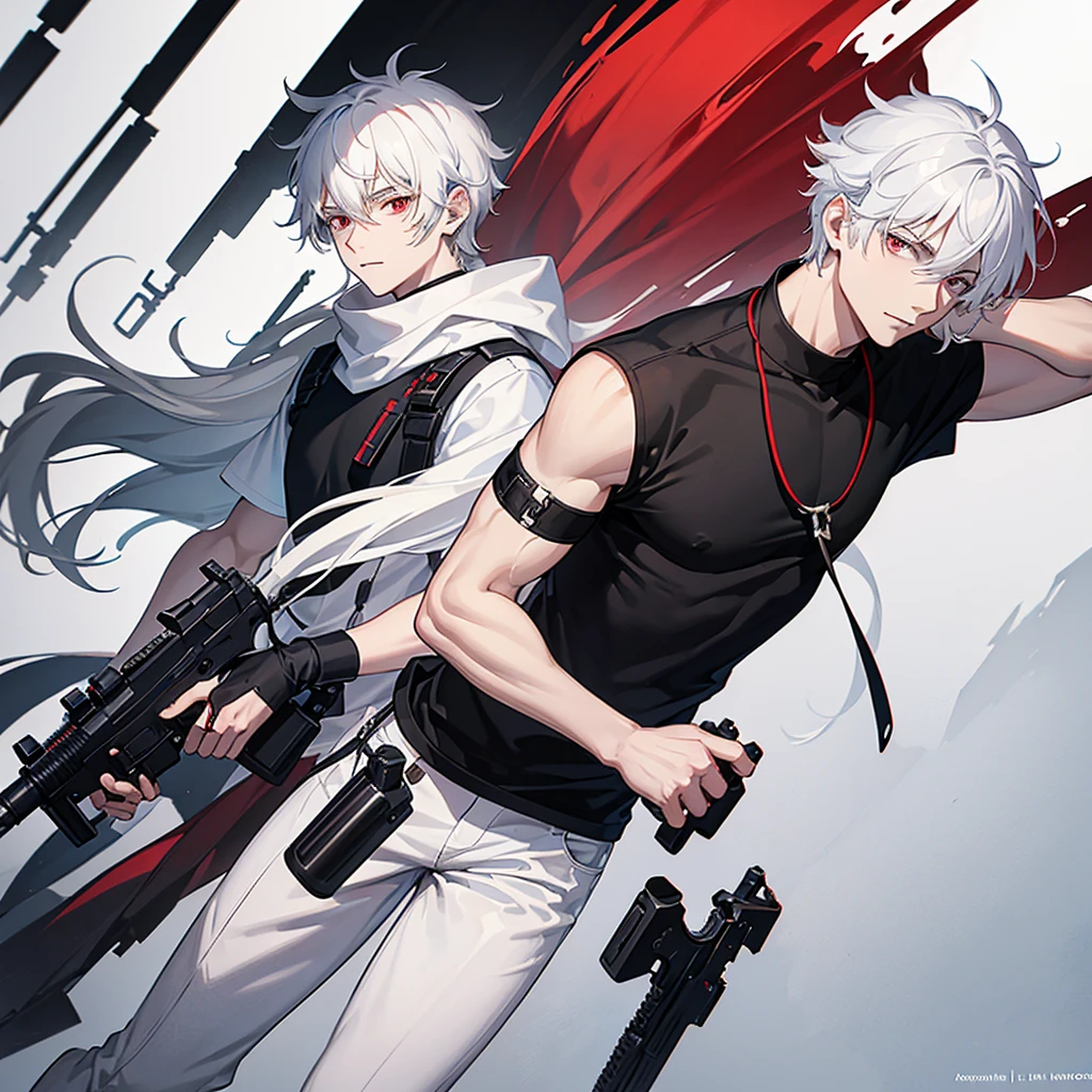 20 year old man with white hair red eyes wearing a black t-shirt and white pants with a gun in his hand