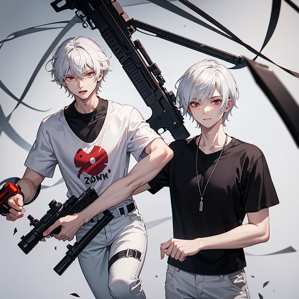 20 year old man with white hair red eyes wearing a black t-shirt and white pants with a gun in his hand