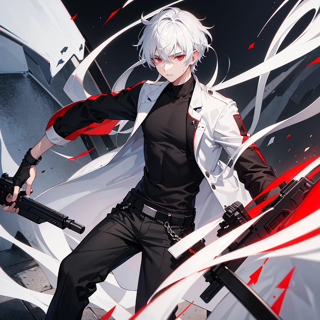 20 year old boy with white hair red eyes wearing a black t-shirt and white pants with a gun in his hand