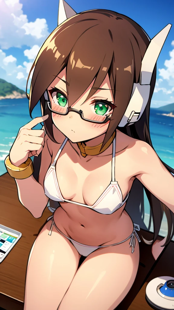 Aile_Megamanzx, 1 Girl, looking at viewer, Brown hair, Green eyes, Sky background , Blushed , Leaning on a table , Glasses , gaming clothes, gaming headphones, Cat Cosplay, white micro bikini