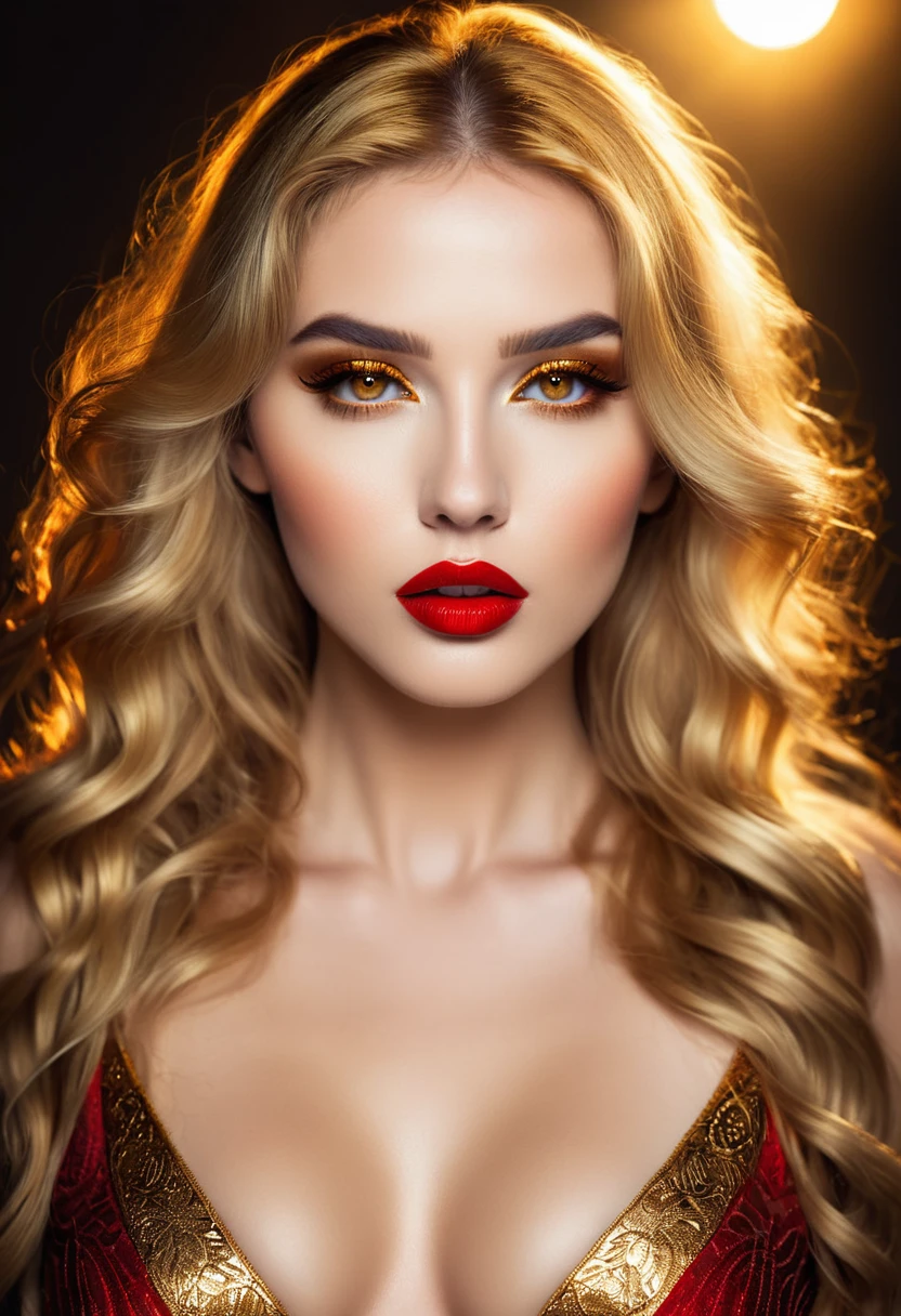 Beautiful woman with golden hair, golden eyes, and full red lips, she is the goddess of lust, ethereal glow, golden eyes glow