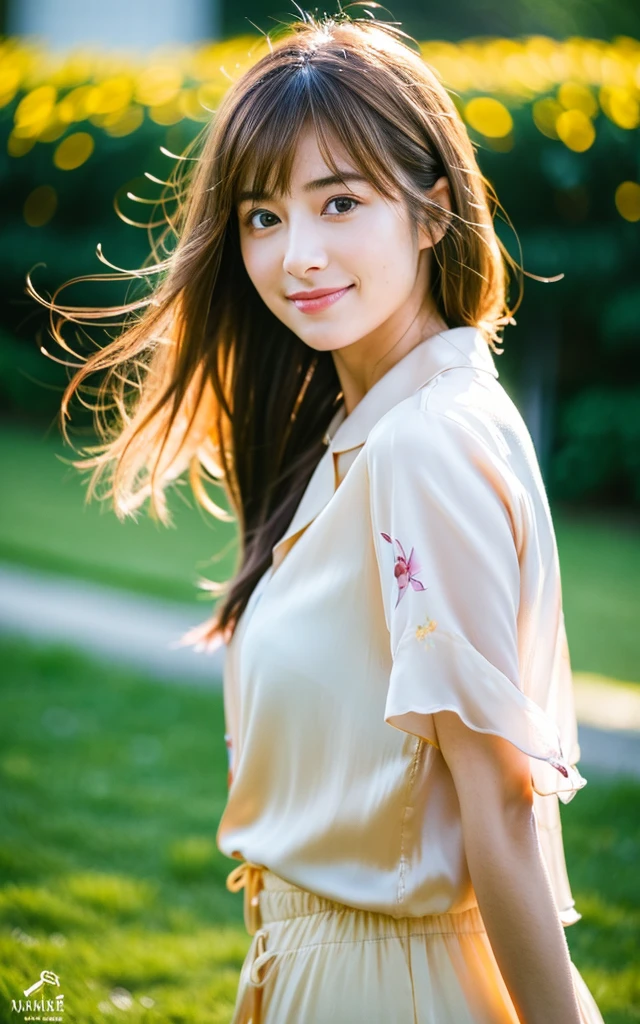 (RAW Photos, Highest quality), (Realistic, Photorealistic:1.3), masterpiece, 1 Girl, Very delicate and beautiful girl, Standing quietly, Soft Light, Backlight, (Brown Hair, Straight shoulder-length hair fluttering in the wind), bangs, Beautiful detailed girl, smile, (Detailed fingers), Correct Anatomy, Highly detailed eyes and face, Beautifully detailed nose, Beautiful attention to detail, Japanese, Pure beauty, Silk shirt, skirt, (Half Body:1.3), Realistic face, Realistic body,