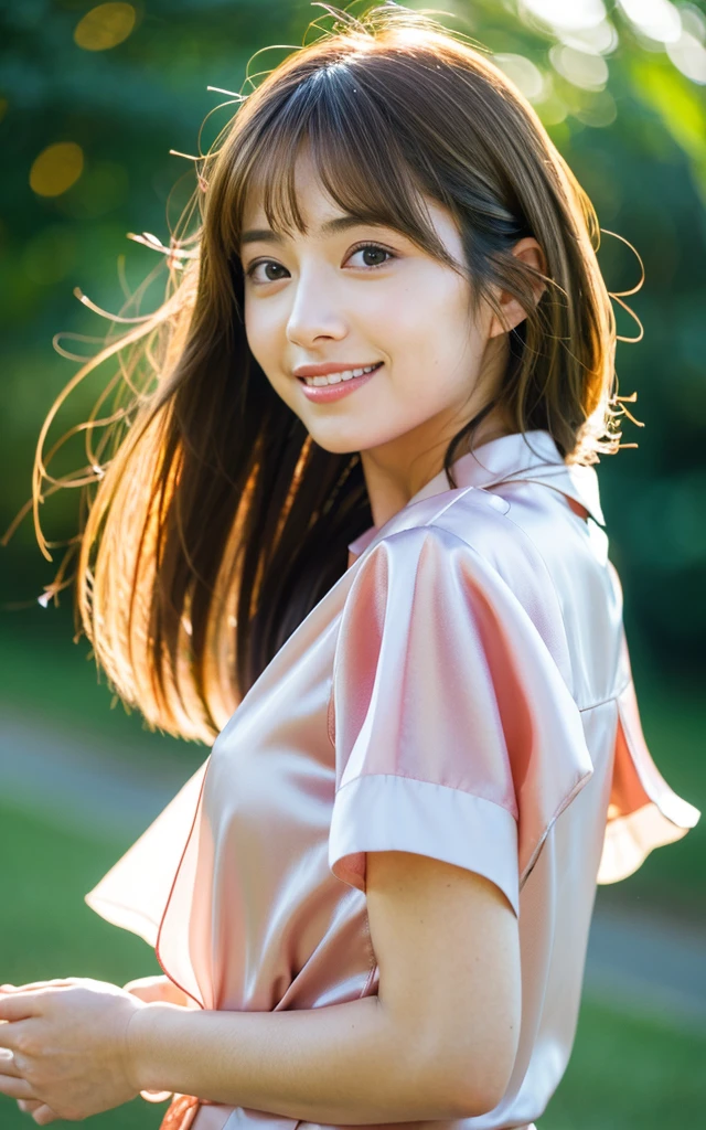 (RAW Photos, Highest quality), (Realistic, Photorealistic:1.3), masterpiece, 1 Girl, Very delicate and beautiful girl, Standing quietly, Soft Light, Backlight, (Brown Hair, Straight shoulder-length hair fluttering in the wind), bangs, Beautiful detailed girl, smile, (Detailed fingers), Correct Anatomy, Highly detailed eyes and face, Beautifully detailed nose, Beautiful attention to detail, Japanese, Pure beauty, Silk shirt, skirt, (Half Body:1.3), Realistic face, Realistic body,