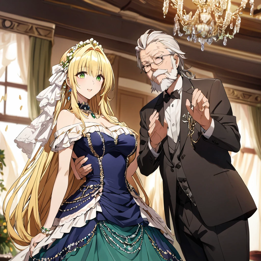 ((Highest quality)), ((masterpiece)), (detailed), （Perfect Face）、The woman is Tiare, has green eyes, medium-long blonde hair, and is wearing an engagement ring.、The woman is wearing a gorgeous, dazzling Rococo Victorian dress, a gorgeous see-through cape and a sequined skirt, a gorgeous jeweled head dress chain, gorgeous jeweled earrings, and other gorgeous, glittering accessories, and is in a luxurious room with a dignified, bearded, elderly man.、The man is a dignified, bearded old man, very wealthy and wearing an engagement ring.