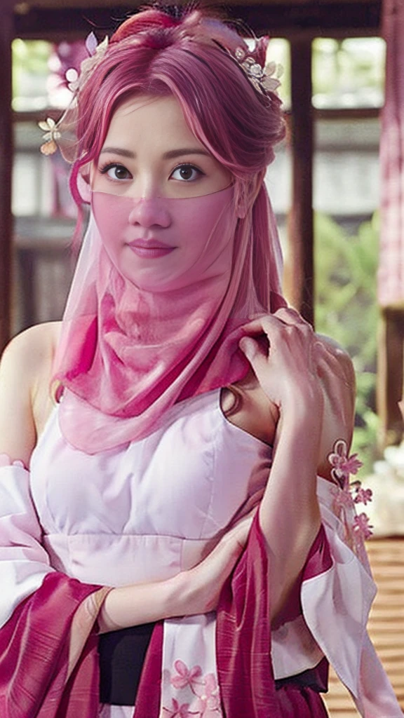 ((masterpiece, best quality)), (1girl),((mature female)), animal ears, bare shoulders, blush, breasts, cherry blossoms, closed mouth, detached sleeves, earrings, fingernails, flower, fox ears, gem, hair between eyes, hair ornament, hand up, japanese clothes, jewelry, kimono, long hair, looking at viewer, medium breasts, miko, nontraditional miko, pink eyes, pink flower, pink hair, purple gemstone, short kimono, sidelocks,standing, yea miko \(genshin impact\), wearing face veil, (white face veil:1.2),