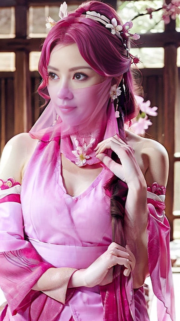 ((masterpiece, best quality)), (1girl),((mature female)), animal ears, bare shoulders, blush, breasts, cherry blossoms, closed mouth, detached sleeves, earrings, fingernails, flower, fox ears, gem, hair between eyes, hair ornament, hand up, japanese clothes, jewelry, kimono, long hair, looking at viewer, medium breasts, miko, nontraditional miko, pink eyes, pink flower, pink hair, purple gemstone, short kimono, sidelocks,standing, yea miko \(genshin impact\), wearing face veil, (white face veil:1.2),