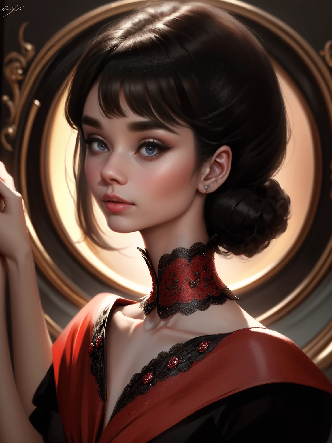 {-erro_de_anatomia:1.0} (Masterpiece - Ultra-Detailed, High Resolution) 30 years old woman, Prepare to be enchanted by a true masterpiece that combines ultra-detailed art with high-resolution rendering. This work shows a mesmerizing woman, with long black hair, 1968s style, Audrey Hepburn (1.3) and captivating dark brown eyes (1.2), (brown eyes). New York illustration style, wearing red lipstick, emanating an aura of elegance and mystery. Wearing classic victorian dress (black dress), 1968s clothing. Intricate details and realistic textures invite you to explore every aspect of this enchanting composition.backwards, looking back, dynamic poses, mouth closed. Different posture , dynamic poses, mouth closed. Different posture. Perfect fingers. Get ready to dive into a world where beauty and craftsmanship merge perfectly. Upper body. Looking at viwer.
