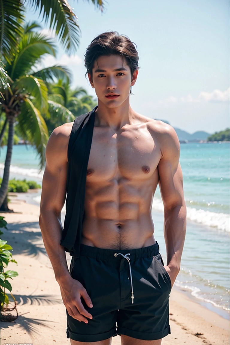 Realistic photography, Handsome   Thai Male ,beach, wearing black shorts. wet. topless. light skin, (lean body)
