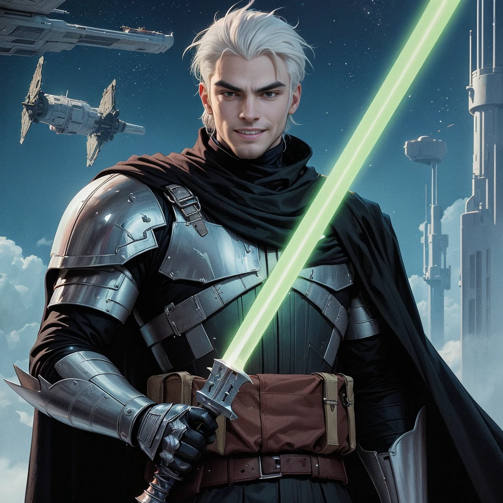 full-body shot, star wars: the clone wars, comic art style, (heroic young man, tall and brawny, irish pale white albino, subtle grin, long spiky white hair, thick white eyebrows, pink eyes), bastard greatsword, larger thicker flat green plasma blade, in a sword stance, black metal knight plate armor with a pauldron, bright Coruscant day, space station in the background, solo,