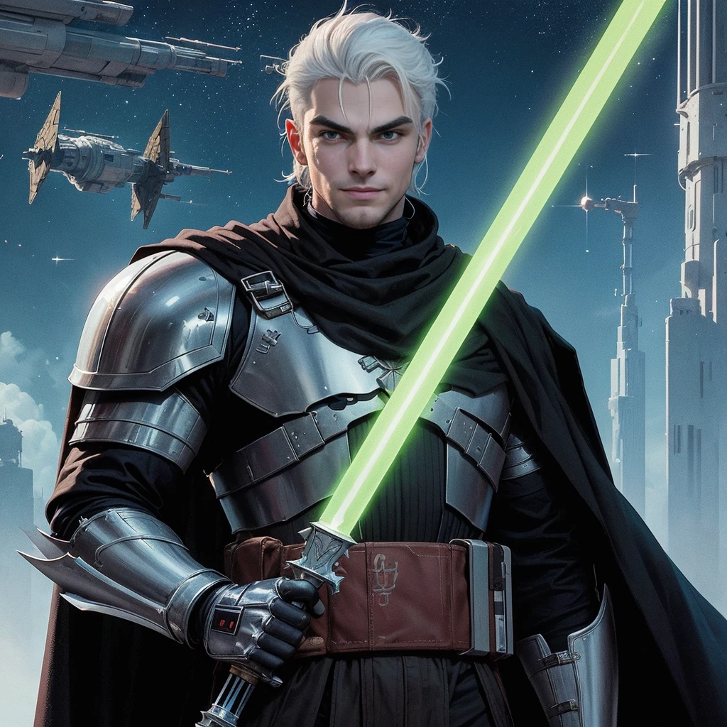 full-body shot, star wars: the clone wars, comic art style, (heroic young man, tall and brawny, irish pale white albino, subtle grin, long spiky white hair, thick white eyebrows, pink eyes), bastard greatsword, larger thicker flat green plasma blade, in a sword stance, black metal knight plate armor with a pauldron, bright Coruscant day, space station in the background, solo,