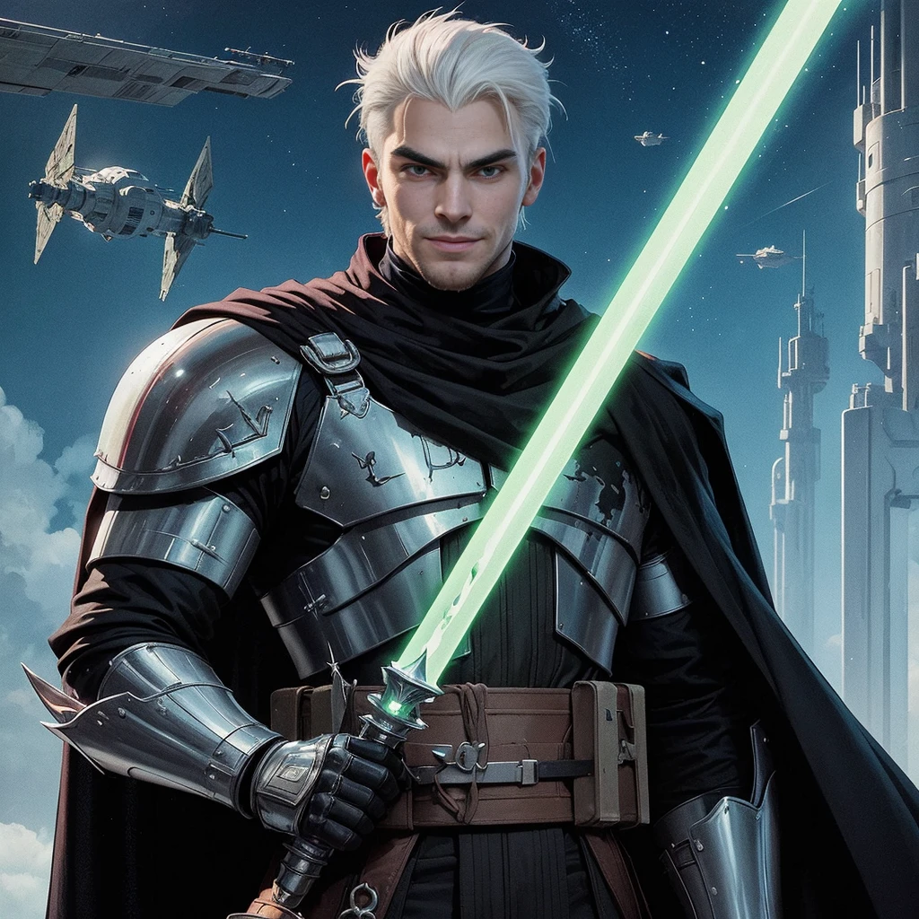 full-body shot, star wars: the clone wars, comic art style, (heroic young man, tall and brawny, irish pale white albino, subtle grin, long spiky white hair, thick white eyebrows, pink eyes), bastard greatsword, larger thicker flat green plasma blade, in a sword stance, black metal knight plate armor with a pauldron, bright Coruscant day, space station in the background, solo,