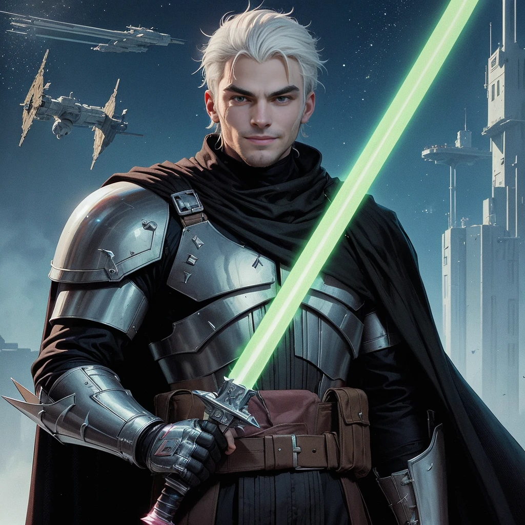 full-body shot, star wars: the clone wars, comic art style, (heroic young man, tall and brawny, irish pale white albino, subtle grin, long spiky white hair, thick white eyebrows, pink eyes), bastard greatsword, larger thicker flat green plasma blade, in a sword stance, black metal knight plate armor with a pauldron, bright Coruscant day, space station in the background, solo,