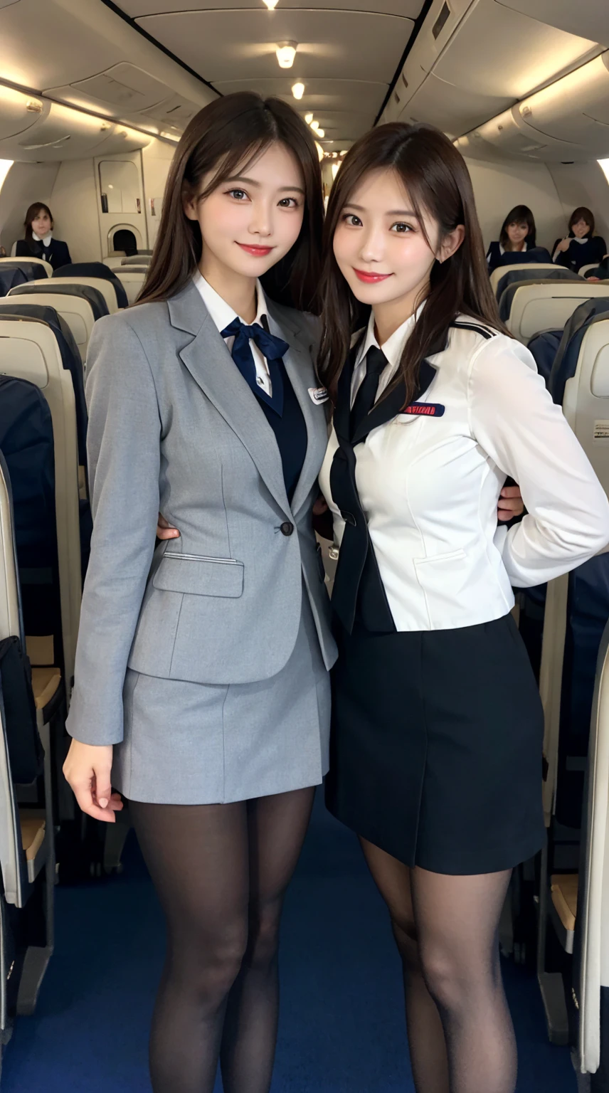 highest quality、8k、best image quality、Award-winning work), two beautiful women、(2 women:1.6), radiant beautiful skin , masterpiece、top-quality、The ultra -The high-definition、depth of fields、lens flare , 2 girls、、brown hair, watching at viewers glares, large breasts , stewardess uniform, ( stewardess blazer:1.3), shirt, short skirt, (black high heels), perfect legs, model pose, view from below, smiling , flight cabin, pantyhose