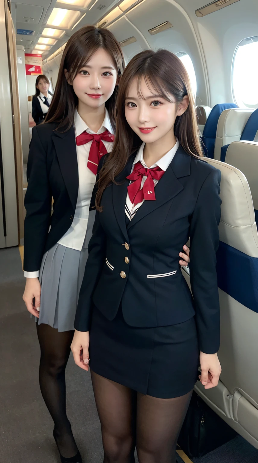 highest quality、8k、best image quality、Award-winning work), two beautiful women、(2 women:1.6), radiant beautiful skin , masterpiece、top-quality、The ultra -The high-definition、depth of fields、lens flare , 2 girls、、brown hair, watching at viewers glares, large breasts , stewardess uniform, ( stewardess blazer:1.3), shirt, short skirt, (black high heels), perfect legs, model pose, view from below, smiling , flight cabin, pantyhose