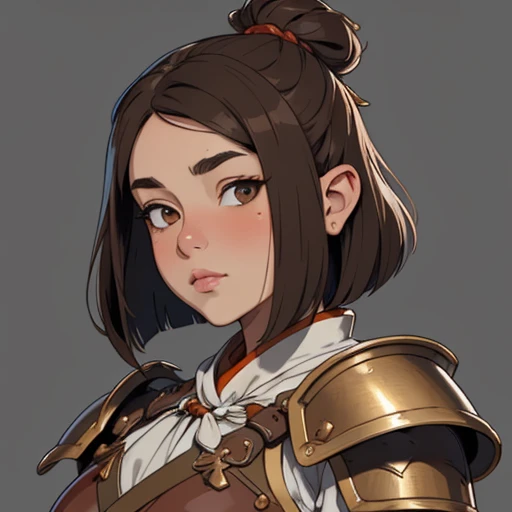 (masterpiece), (best quality),(portrait),(bust up),1girl,solo,(sharp focus),(look at viewer),(hime cut),dwarf girl,dwarf,bob cut, brown hair,fat ,ancient luxurious long clothes,armor,(simple background),old school fantasy art,super shiny face,Ultra Glossy Skin