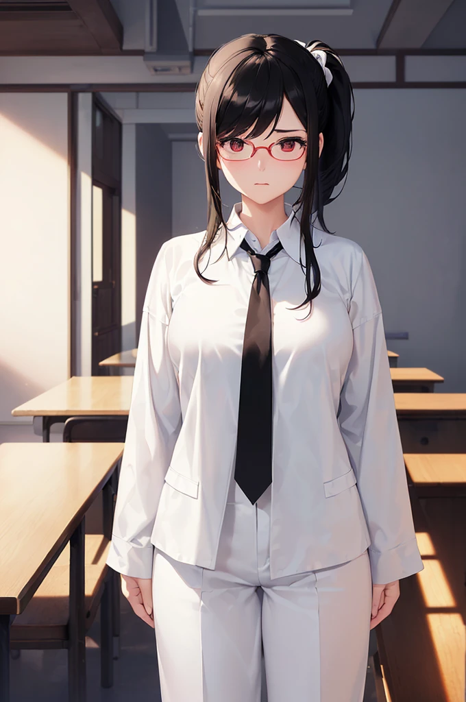 (masterpiece; best quality: 1.2), (finely detailed eyes: 1.3), ((25 year old woman)), ((solo)), (red eyes: 1.4), (body; gorgeous, soft, femenine: 1.3), (silky black hair + low ponytail: 1.3), (beautiful and clear background: 1.2), ((depth of field)), (equipment: white labcoat + (black shirt) + (white necktie) + white pants + black square glasses: 1.3), (anime illustration: 1.2), (background composition; japanese highschool classroom + furniture: 1.1), (extremely fine and beautiful: 1.1), (shot composition; standing + centered on torso + close-up: 1.5), (expression; calm, stoic: 1.2)