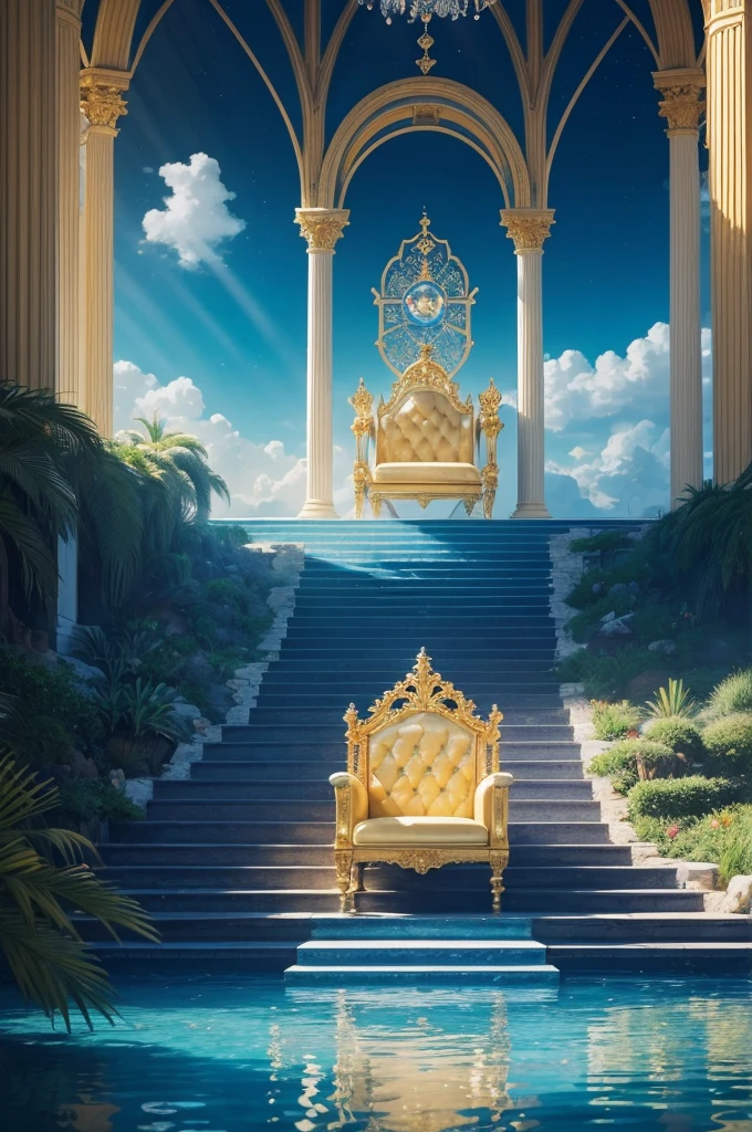 create an illustration of the paradise described in the Christian bible with, Clouds in a crystal lake that reflects the blue of the environment, a street of gold that comes in the lower left corner and in the middle of the street a staircase that leads to a king's throne, but on the throne there is only a shining light, an environment that brings peace and tranquility.