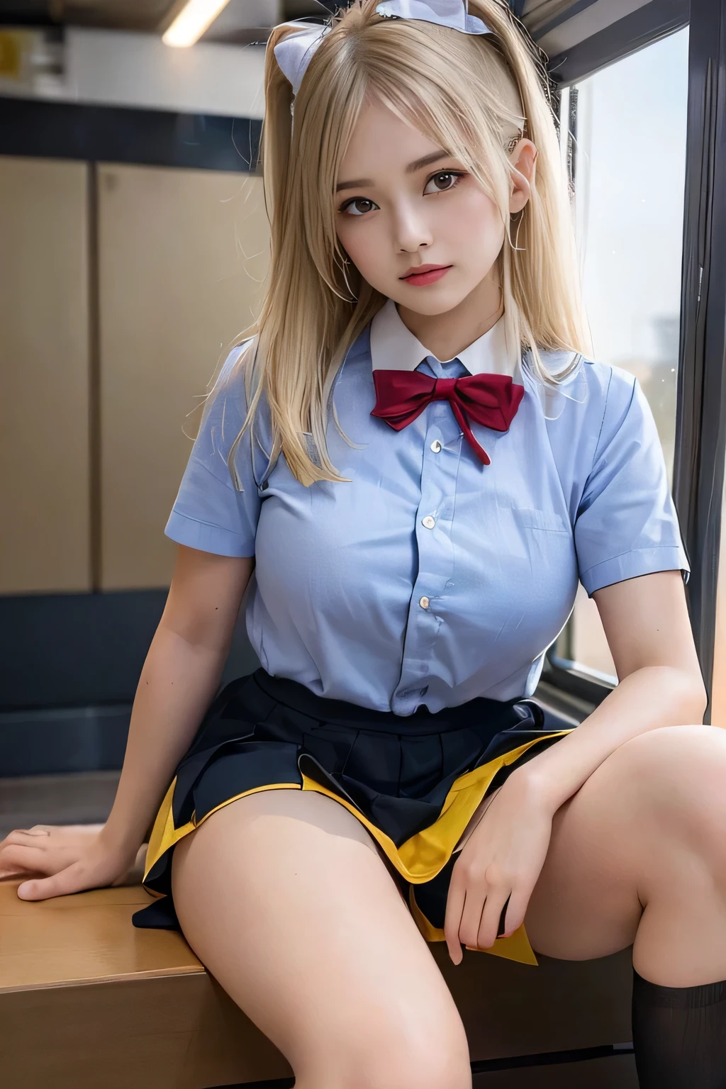 Wear a short skirt、Alafid (Alafid) Asian woman wearing bow tie sitting on train, Cute schoolgirl, Japanese schoolgirl, wearing Japanese school uniforms, Japanese school uniforms, a hyperPractical schoolgirl, Dress up as , hyperPractical , Wear school uniform, Practical , Girls Wear, Wear , A posture, whole body, Good skin, Light and radiant skin, Beautiful thighs,Light thighs, Light's legs, (best quality, 8K, high resolution, lifelike:2.0), (Solitary, A girl:2.0),(Light: front),(Light: Strong),(The most beautiful girl:2.0),(muscular girl:1.5),(Light skin:1.5),(Oily skin:1.5),(Platinum Blonde:1.5),Brown blush makeup , (big eyes girl:1.5),(Emphasize cleavage),((Large Breasts)),(Slobber),(Open your legs wide to the audience:1.6),((amazing)),((Lying on your back on a clean bed,Leaning on the big pillow.)),(Open your legs:1.5),(Open your thighs boldly:1.5),(Open your legs boldly:1.5),(CommandOpen your legs:1.5),(Providing sexual services to viewers:1.2),(Have a good attitude towards the audience)