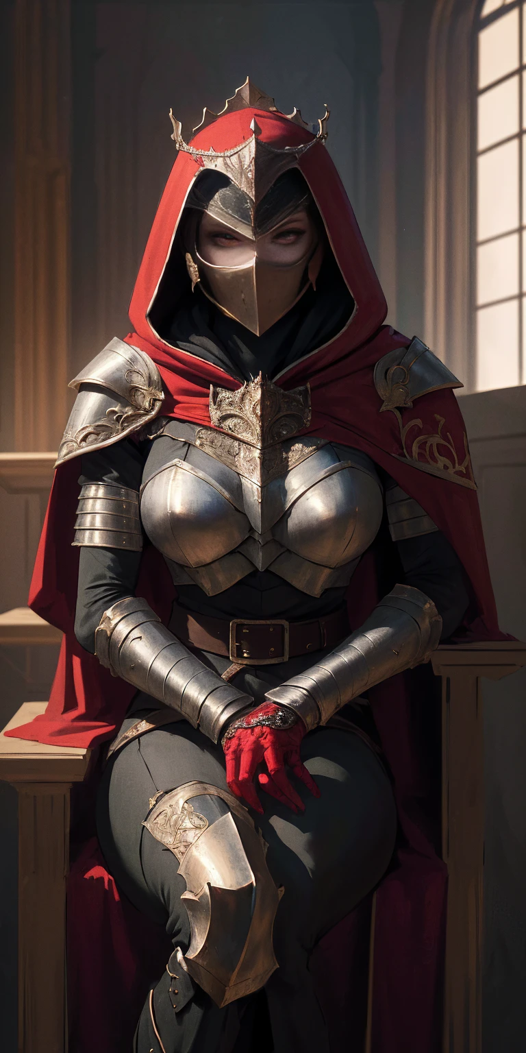 (masterpiece, best quality, absurdness, 4k, aesthetic, detailed, intricate, perfect lighting) cinematic angle, 1sologirl, sitting on throne, elbow rest, castle interior, mask, hood, cape, belt, armor, cloak, red gloves gauntlets, bkcrown