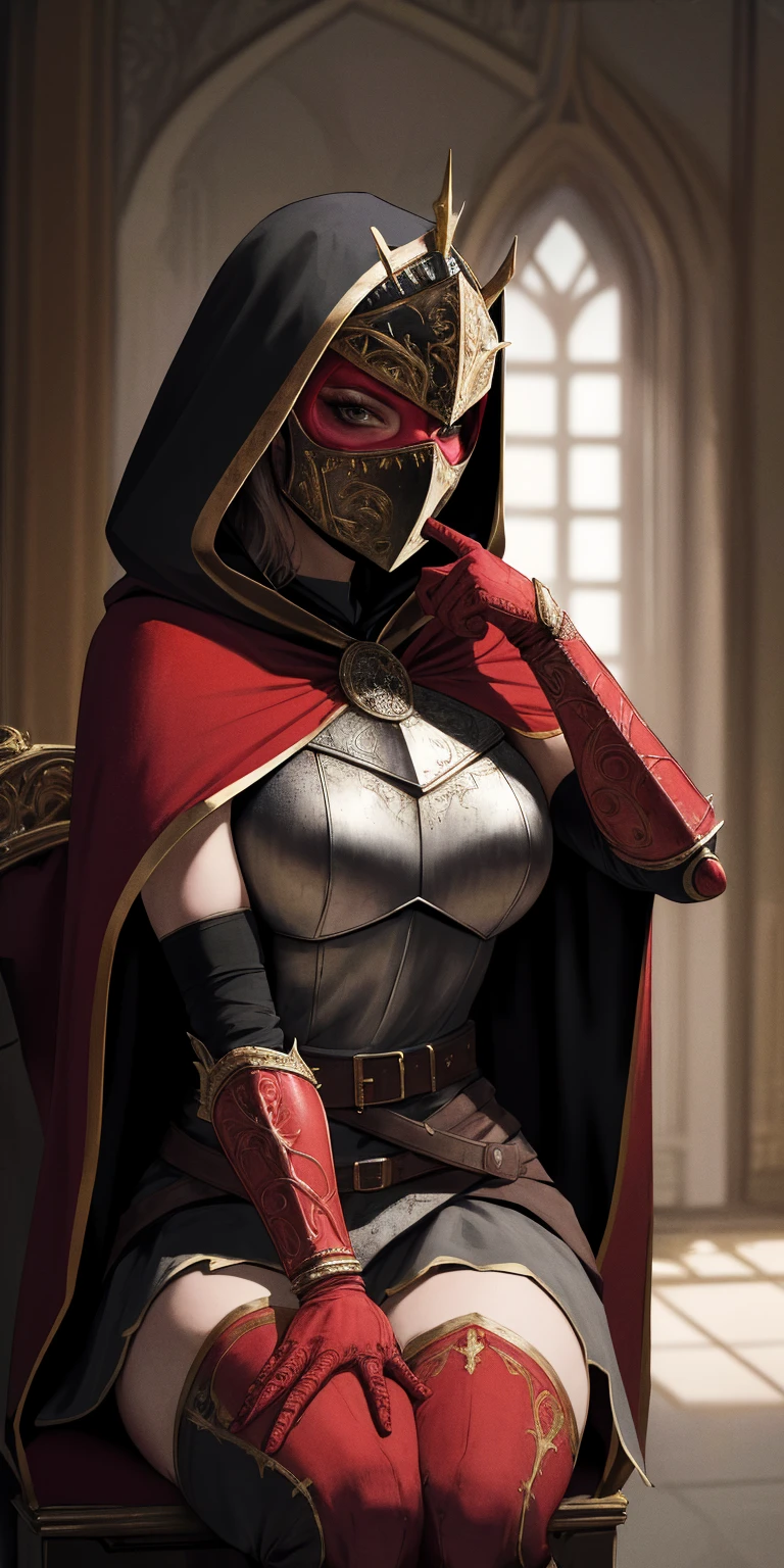 (masterpiece, best quality, absurdness, 4k, aesthetic, detailed, intricate, perfect lighting) cinematic angle, 1sologirl, sitting on throne, elbow rest, castle interior, mask, hood, cape, belt, armor, cloak, red gloves gauntlets, bkcrown