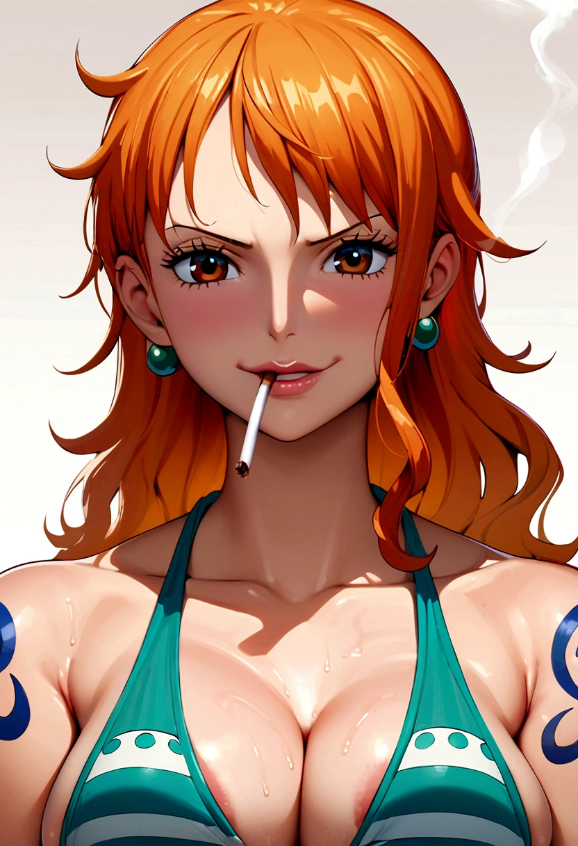 a cartoon picture of a woman in a bikini top and jeans, nami one piece, nami from one piece, nami, beautiful portrait of nami, from one piece, oppai, blue eyes, smoking, ponytail, nsfw