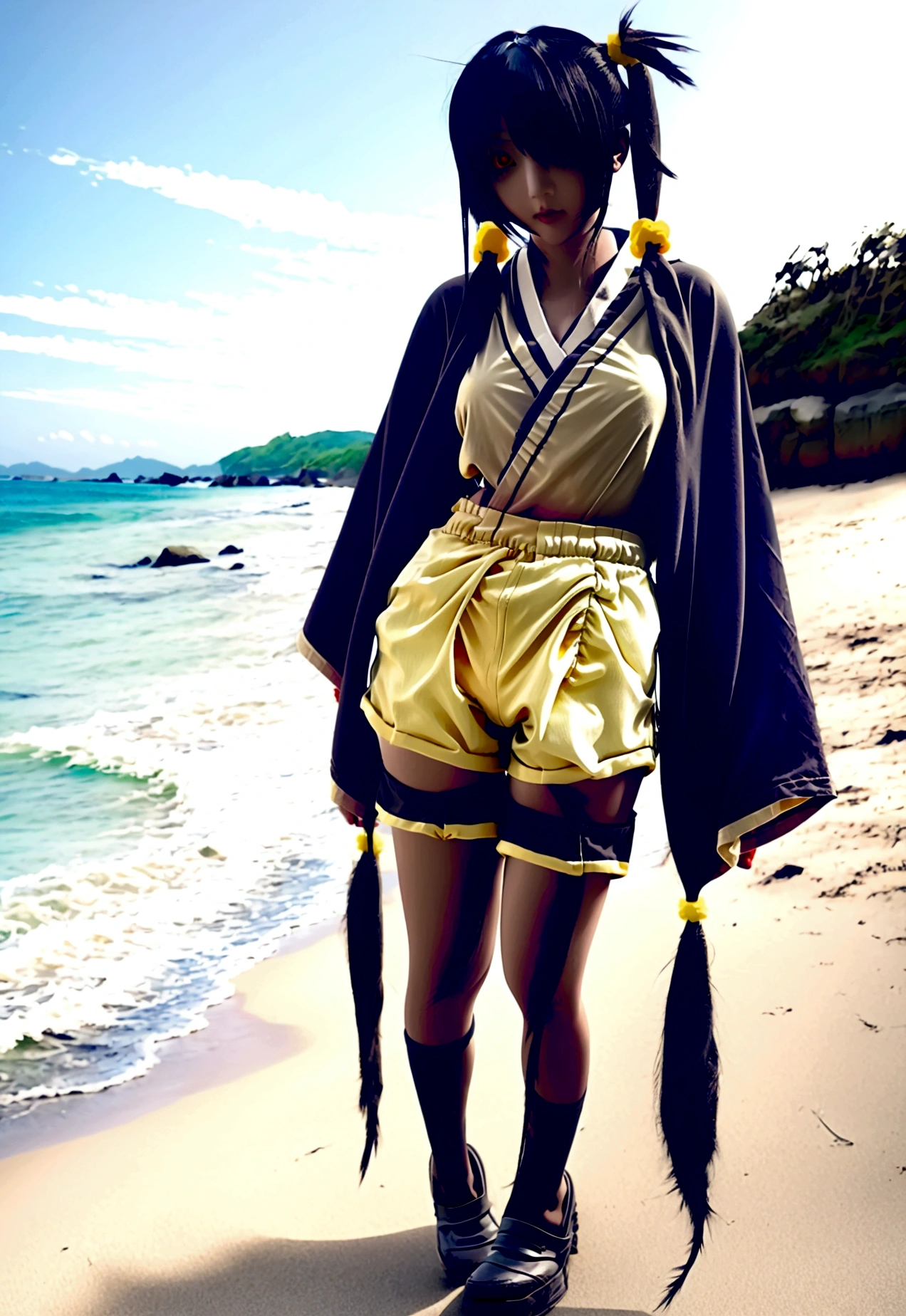 ultra-detailed,highly detailed, best quality,masterpiece, illustration, realistic, photo, photorealistic,
1girl, ((tokisaki kurumi)), ((cosplay)), hair over one eye, (right red eye, left yellow eye), looking at viewer, happy girl, (low twintail) , ((kimono)), (((Black hotpants))), hair rings, loafers,
(Outdoors), walking, ((beach))