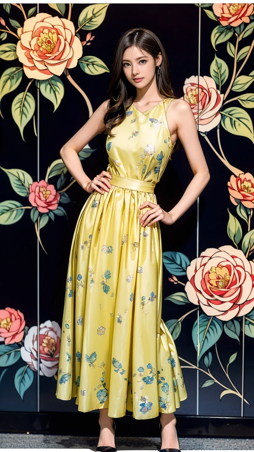 ((masterpiece)),(((Highest quality))),Thin thighs,Long legs,whole body:1.5,(One Girl:1.3),(Black pantyhose and thick pointy heels:1.3),(Wearing a colorful camellia flower pattern long skirt dress:1.2),Short Blonde:1.2、Model pose,