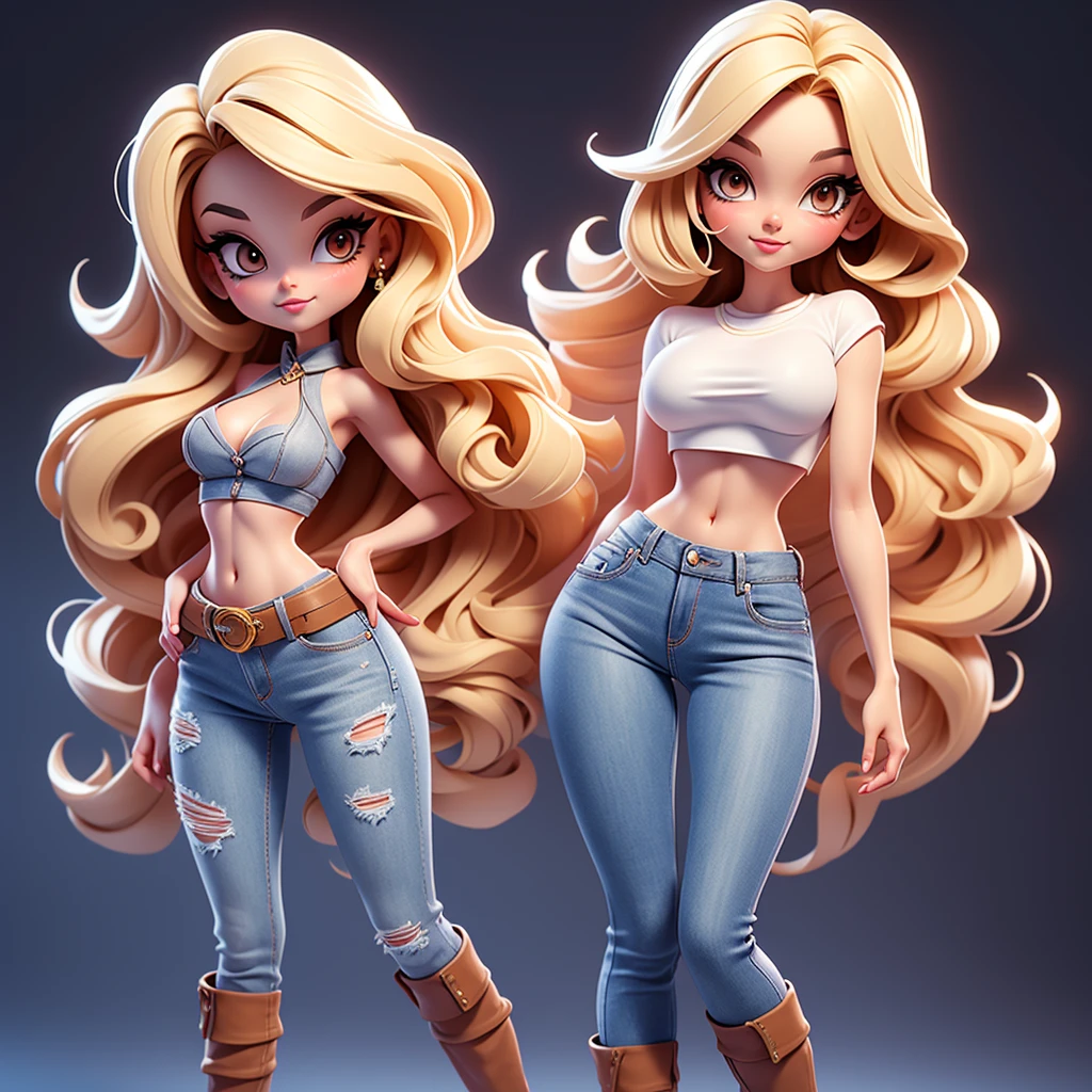 A sexy cartonn woman in jeans and white crop top posing gracefully for a photo, beauty in jeans, long straight blonde hair, Waist slender, sexy girl, mulher de corpo inteiro, wearing jeans, beautiful seductive woman, slender figure, cartoon vector style, corpo pin-up, Broad Hips