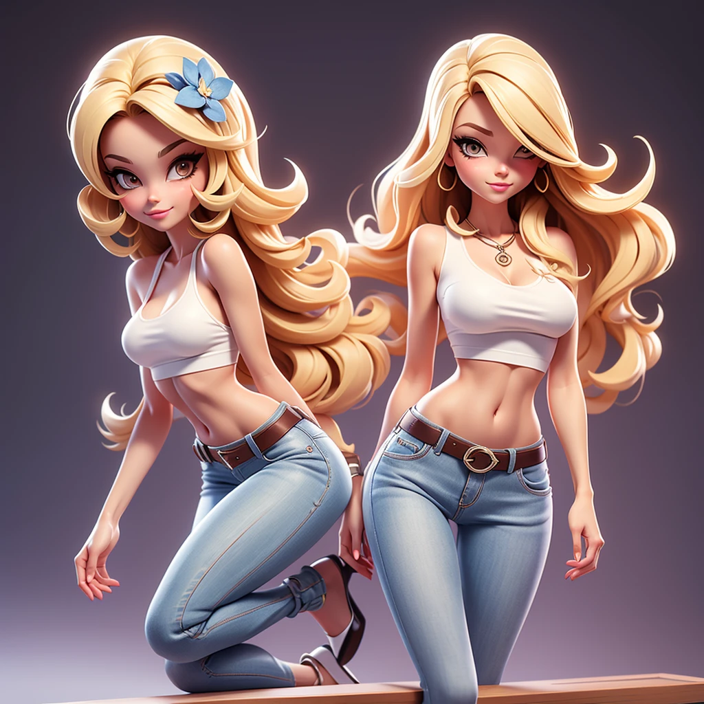  A sexy cartonn woman in jeans and white crop top posing gracefully for a photo, beauty in jeans, long straight blonde hair, Waist slender, sexy girl, mulher de corpo inteiro, wearing jeans, beautiful seductive woman, slender figure, cartoon vector style, corpo pin-up, Broad Hips