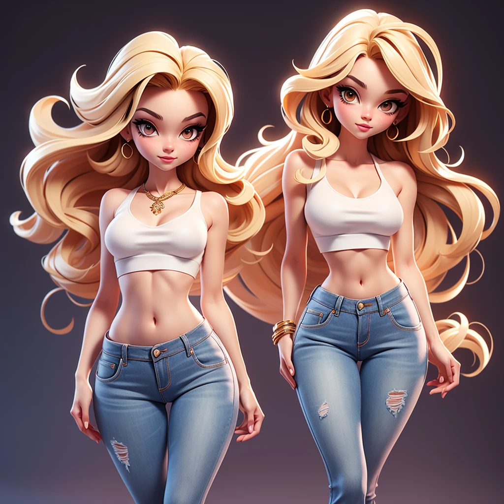  A sexy cartonn woman in jeans and white crop top posing gracefully for a photo, beauty in jeans, long straight blonde hair, Waist slender, sexy girl, mulher de corpo inteiro, wearing jeans, beautiful seductive woman, slender figure, cartoon vector style, corpo pin-up, Broad Hips