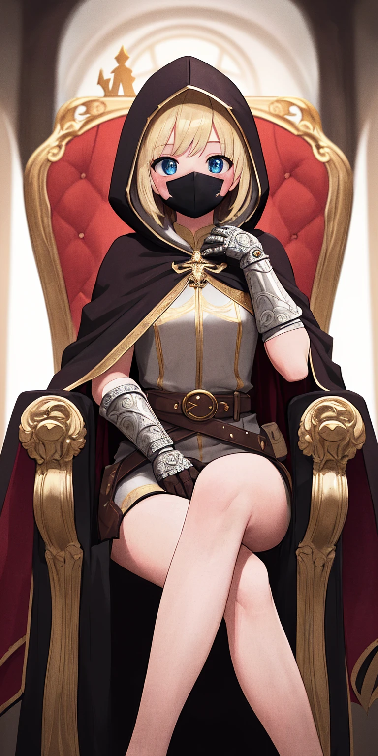 (masterpiece, best quality, absurdness, 4k, aesthetic, detailed, intricate, perfect lighting) cinematic angle, 1sologirl, sitting on throne, elbow rest, castle interior, mask, hood, cape, belt, armor, cloak, red gloves gauntlets, bkcrown