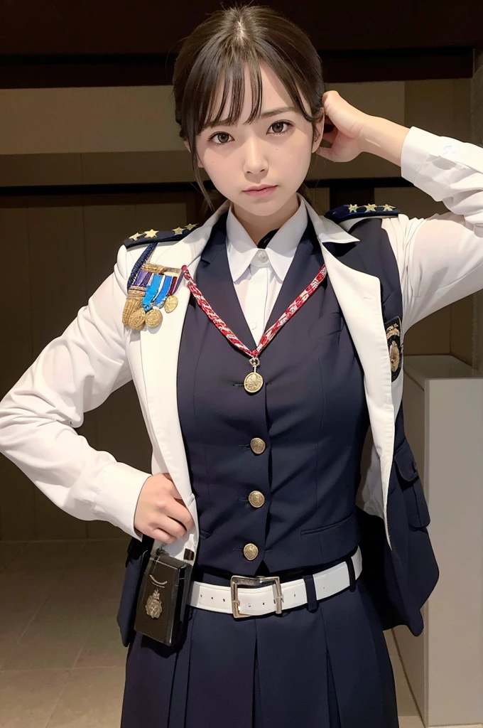 ジェノサイド条約に違反するMassacreを指示する軍人の女性、uniform、Officer、Small breasts、battlefield、Massacre、Medals