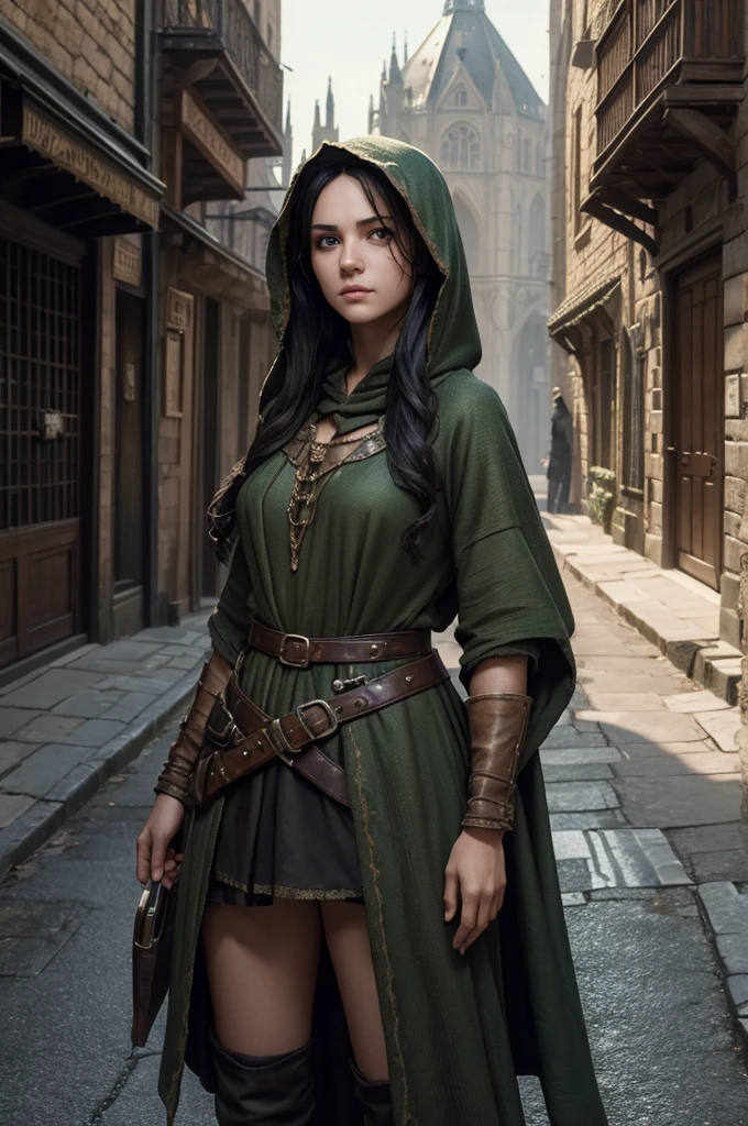 ((best quality)), ((masterpiece)), (detailed), ((normal anatomy)), beautiful eye detail, perfect face, high detail, charismatic, full body, realistic, cinematic lighting, defined body, super detail, high realism, medieval fantasy setting, a pretty young girl in street urchin clothes, dirty soot covered face, large green nictating eyes with vertical pupils, long black hair under a brown hood, standing outdoors in a medieval city, hint of green snake scales at her jawline, scared expression